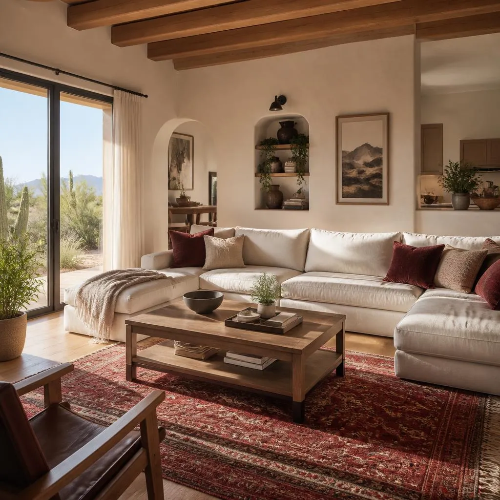 A sunlit, comfortable family living room with a clear coffee table and soft neutral furnishings